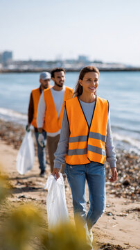 Group of diverse volunteers in orange safety vests cleaning up litter along a sunny beach shoreline. Smiling young woman leads the eco friendly team during a coastal environmental initiative