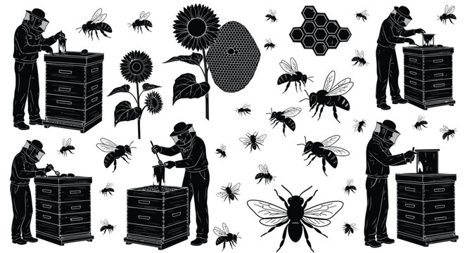 Beekeepers Honeycombs Sunflowers And Bees In Black Silhouette beekeeping beekeeper honeybee honeycomb