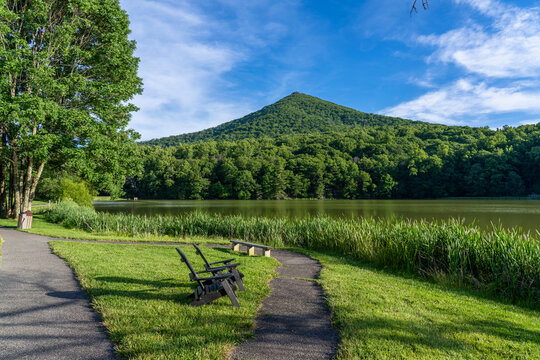A Path Around Lake Abbott at Peaks of Otter With Sharp Top Mountain in the Background