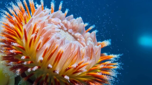 Orange sea anemone close-up with rising bubbles
