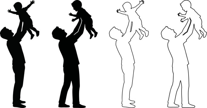 Father lifting toddler silhouette and line art multi variation icons, parenting concept vector set