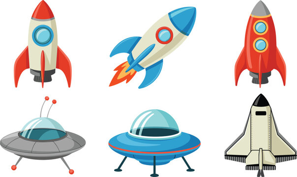 Cartoon Spacecraft and Rocket Ship Icon Set with Colorful UFO Flying Saucers and Space Shuttle Vector Illustrations for Kids Science Fiction Creative Designs