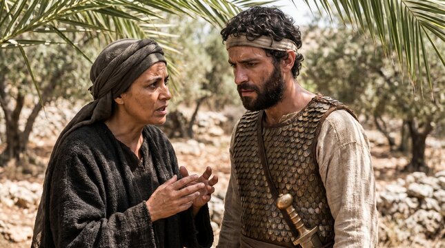 Deborah the prophetess speaking with authority to the warrior Barak