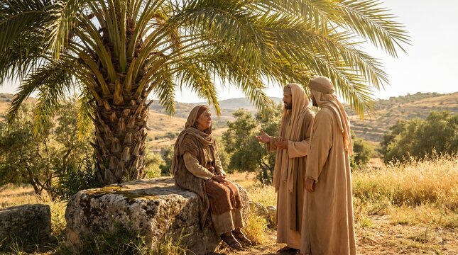 Biblical prophetess Deborah judging Israel under a large palm tree.