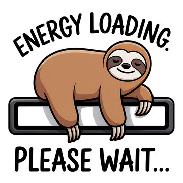 Cartoon Sloth Hanging on Loading Bar with Energy Text Illustration