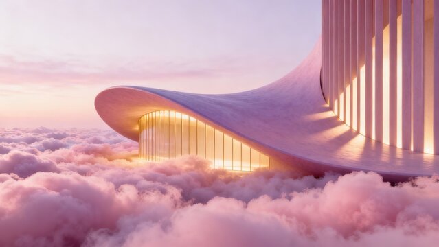 Futuristic building floating in clouds