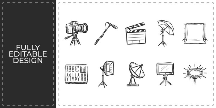 Video production and professional cinematography hand drawn doodle icons set featuring camera lighting and film editing gear for movie studio and vlogging design