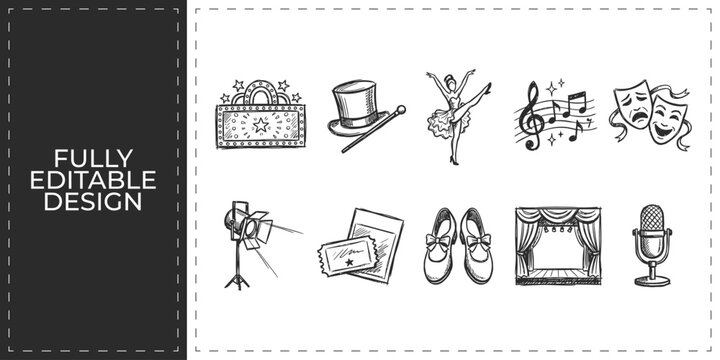 Theater performance and musical theater hand drawn doodle icons set featuring stage masks and opera singer for artistic culture and entertainment event branding