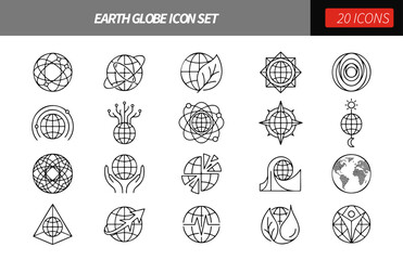 Earth globe design vector outline icon set featuring planet grids, world map circles, compass and orbit symbols © Игорь Игорь