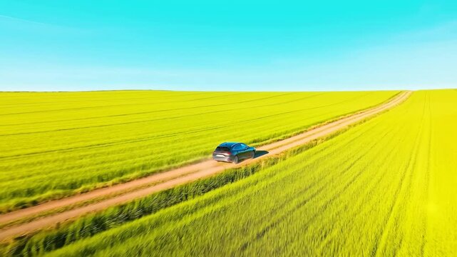 Black sedan driving on dirt track through green wheat fields under clear blue sky