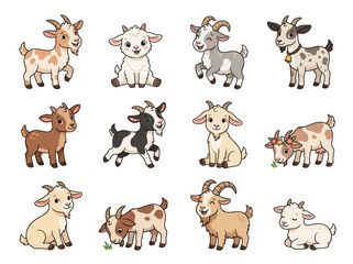 Fototapeta premium Set of cute cartoon goats on transparent background. Collection of happy farm animal characters in various poses. Vector illustration of baby livestock for nursery decor and graphic design.