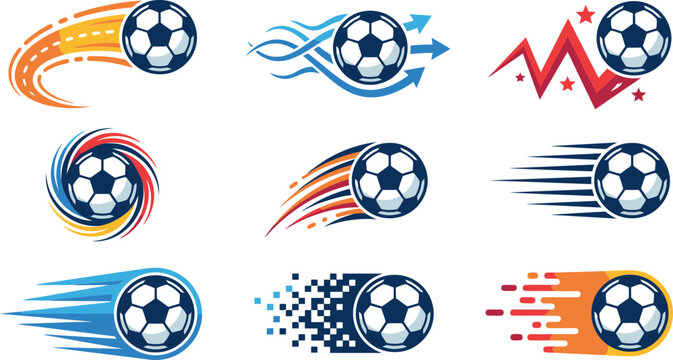 Dynamic soccer ball logo set, 9 flying football icons with speed motion trails, athletic sports team branding elements in vector format