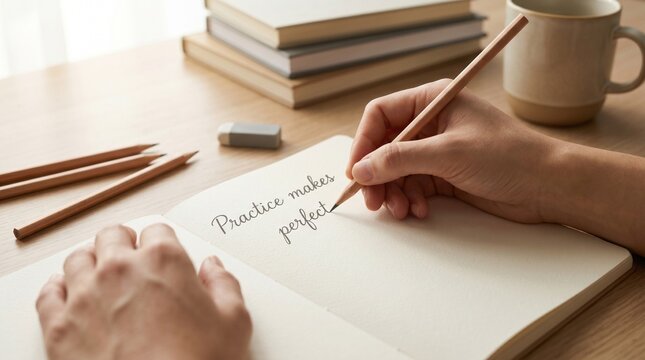 Hands writing in a notebook with pencils.