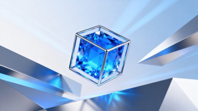 Blue gemstone in metallic cube