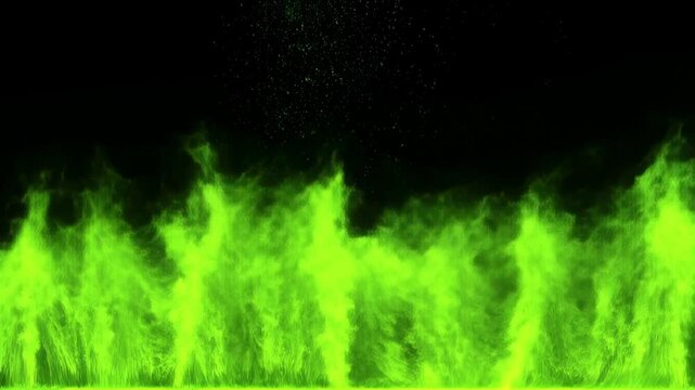 Bright green flames flicker and dance against black background in slow motion