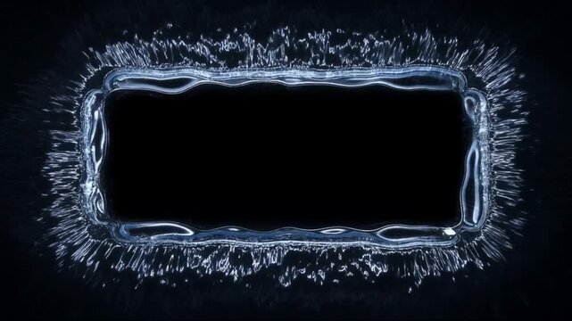 Slow motion overhead static shot of liquid frame forming rectangular splash on dark studio background surface