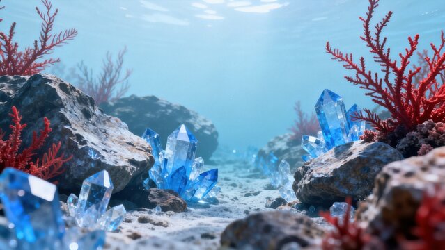 Underwater scene with blue crystals and red coral