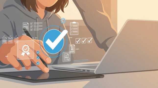 Professional Flat Vector Illustration of a Woman Using a Laptop and Digital Tablet for Online Verification, Quality Assurance, Task Management, and Certification with Interactive Checkmark Icons
