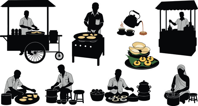 Sri Lankan street food vendor silhouette collection featuring traditional hoppers roti and tea stall elements.