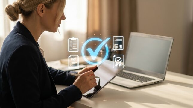 Digital checklists for business certification and quality assurance. Streamline verification processes with performance audits. quality assurance and certification, featuring glowing checkmark icons
