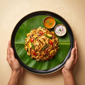 Egg Kothu Parotta with Salna and Onion Raita Traditional South Indian Street Food Served on Banana Leaf