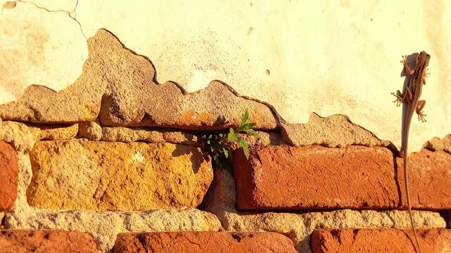 Small brown lizard climbing on a rustic weathered brick wall during a sunny summer day
