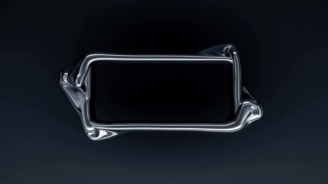 Tracking shot of liquid metal morphing into rectangular frame on dark gradient background with reflective chrome highlights and smooth motion