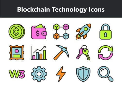 Blockchain technology icon set featuring flat line vector icons of crypto coin wallet network cubes rocket lock