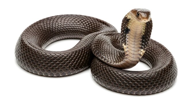 A large black cobra snake coiled with its hood raised in a defensive and threatening posture