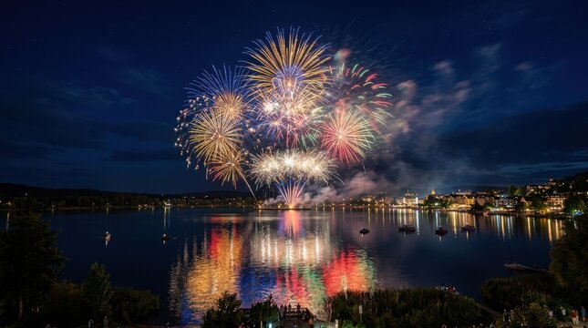 Vibrant fireworks exploding over illuminated waterfront buildings at night sky explosion