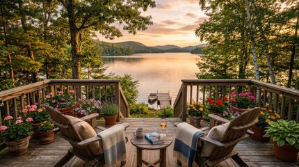 Fototapeta premium Wooden deck with outdoor furniture and grill overlooking a lake patio set lake view