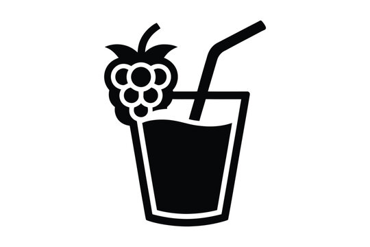 A minimalist black and white vector graphic icon of a refreshing raspberry smoothie or fruit juice glass with a bendy drinking straw and fresh berry garnish isolated on a plain white background