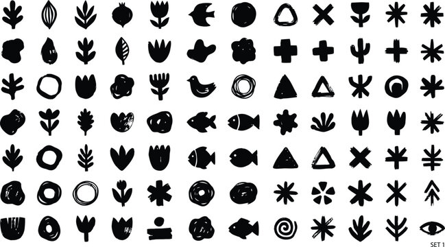Hand drawn doodle shapes set, abstract organic elements, floral, geometric, nature and animal icons