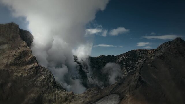 Aerial View of Active Volcanic Crater Erupting White moke Cloud