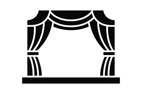 Black Silhouette Vector Icon of Theater Stage Curtains Hanging on Proscenium Archway for Performance Arts and Entertainment Venues Showing Dramatic Drapes for Dramatic Shows and Traditional Events Des