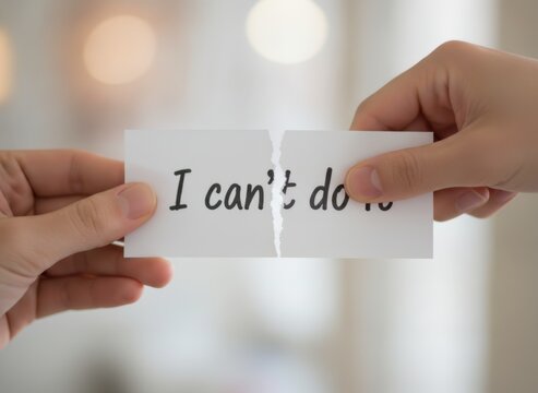 Two hands holding torn paper with the phrase 'I can't do it' symbolizing struggle and self-doubt in a softly lit indoor setting