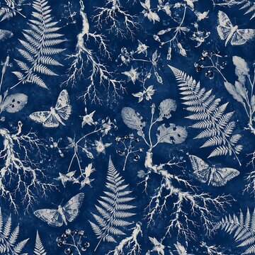 Seamless Halloween cyanotype pattern with spooky moths, ferns, berries, and twisted roots on dark indigo blue background for gothic wrapping paper and dark moody textiles