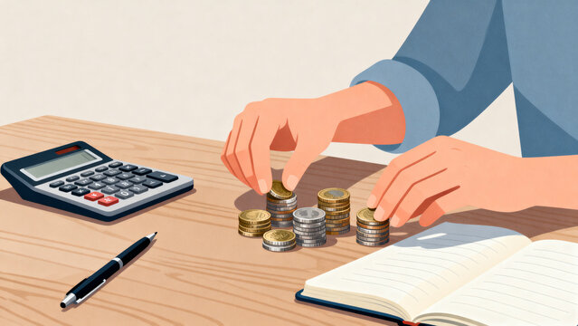 Illustration of hands sorting coins into several stacks on a table, with a calculator, notebook and pen nearby, concept of budget, saving money, expenses planning and financial stability