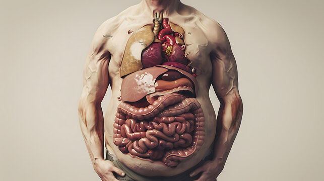 Photorealistic medical illustration showing the systemic consequences of obesity on the human body. 
