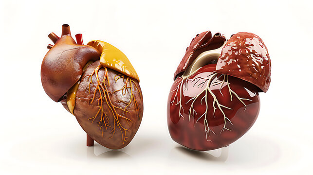 Organ images show a normal liver next to a large yellow fatty liver; a normal heart next to an enlarged heart with epicardial fat.