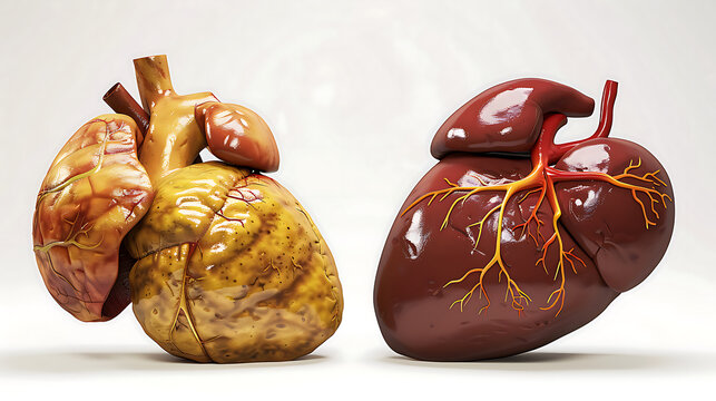 Images of the organs (located adjacent or in isolation) show a normal liver next to an enlarged yellow fatty liver and a normal heart next to an enlarged heart with epicardial fat.