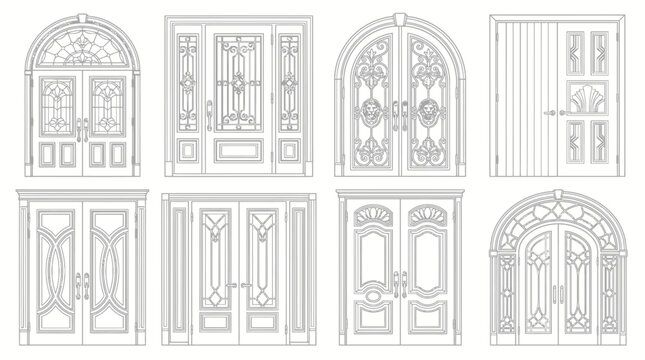 Assortment of luxurious and classical door designs with double doors, arched transoms, and decorative glasswork, line art on isolated white background