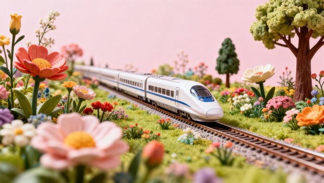 Model train in floral garden