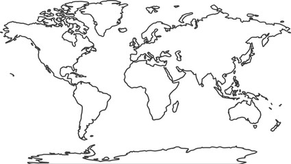 Simple black outline world map showing continents and countries for global travel and education © Rehena