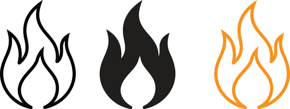 Set of three simple fire flame icons in black outline solid black and orange gradient styles
