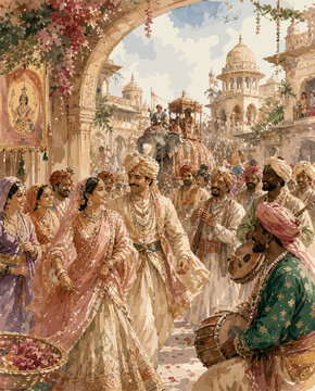 A vibrant Indian royal or wedding procession with a couple, musicians, and an elephant amidst ornate architecture and festive decorations.