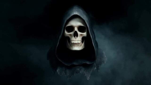 Grim reaper emerges from mist with eerie silence in dark atmosphere