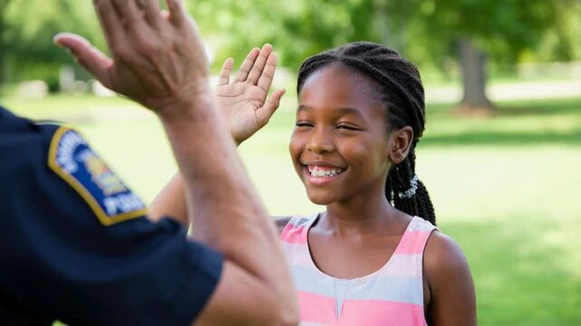Police officer giving high five to smiling child during community outreach event, positive neighborhood engagement, youth trust building and local law enforcement connection, open house day