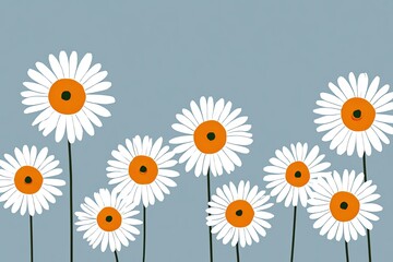 A field of simple white daisies with orange centers on a soft blue background © Putri