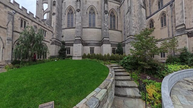 courtyard and stairs leading to the Washington National Cathedral.
